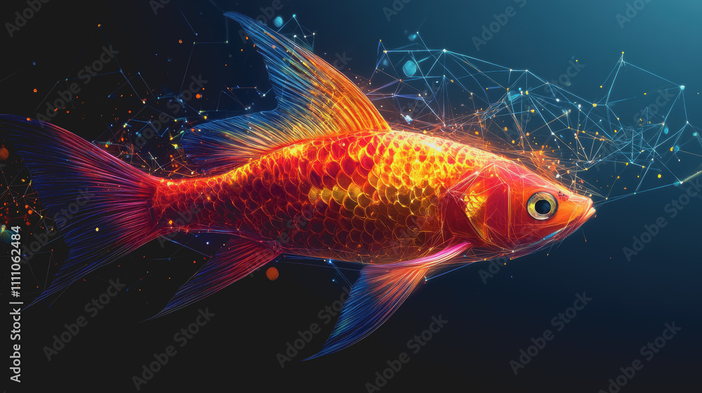 Vibrant and Colorful Goldfish Swimming Through an Abstract Digital Background with Splashes of Color and Light Representing Underwater Beauty Vibrant and Colorful Goldfish Swimming Through an Abstract Digital Background with Splashes of Color and Light Representing Underwater Beauty