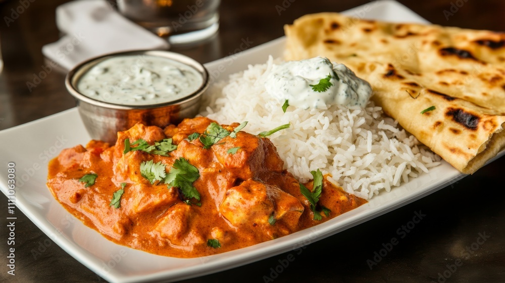 Photo of, A tempting platter of chicken tikka masala served with fluffy basmati rice and warm naan bread, Platter centered Photo of, A tempting platter of chicken tikka masala served with fluffy basmati rice and warm naan bread, Platter centered