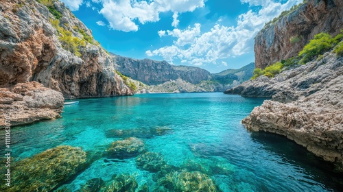 Stunning Tropical Cove Surrounded by Dramatic Cliffs and Crystal Clear Water Under a Bright Blue Sky with Fluffy White Clouds