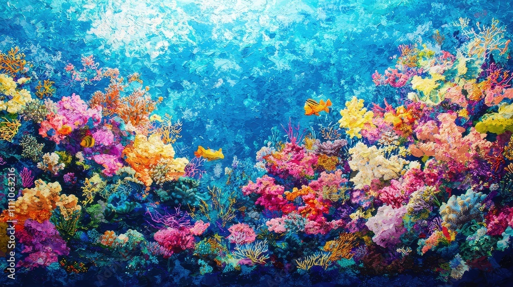 Fototapeta premium Vibrant Underwater Coral Reef Scene with Colorful Coral and Marine Life in Clear Blue Ocean Waters, Perfect for Nature and Marine Conservation Themes