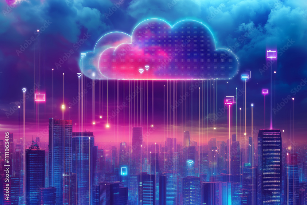 Conceptual illustration of cloud computing, with digital clouds above a cityscape, connected to various devices via glowing lines. Conceptual illustration of cloud computing, with digital clouds above a cityscape, connected to various devices via glowing lines.