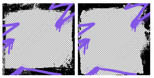 Purple spray graffiti frame with brush border and vector paint. Rough stroke, retro abstract design with old black ink shape and pattern, textured background.
