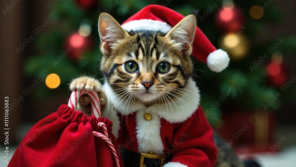 Portrait of tabby cat in a Santa Claus clothes and hat holding in gift bag candy cane against Christmas tree lights background. New Year holiday card. Domestic animal. Masquerade. Miracle concept Portrait of tabby cat in a Santa Claus clothes and hat holding in gift bag candy cane against Christmas tree lights background. New Year holiday card. Domestic animal. Masquerade. Miracle concept
