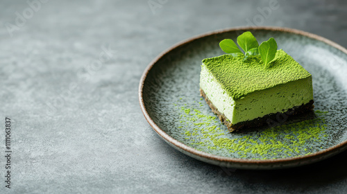 Delight in this matcha tea powder cheesecake, beautifully presented on textured plate. vibrant green color and smooth texture evoke sense of freshness and indulgence