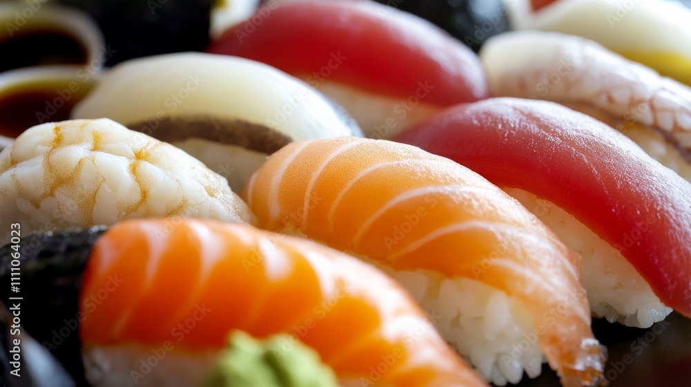 Photo of, A tempting platter of Japanese sushi nigiri, assorted sushi rice topped with fresh fish slices Photo of, A tempting platter of Japanese sushi nigiri, assorted sushi rice topped with fresh fish slices