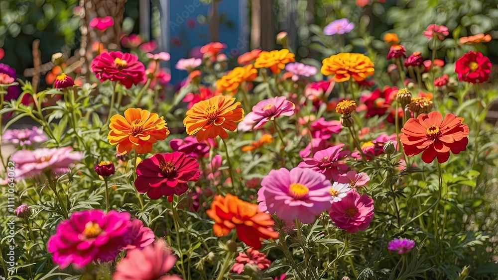 Vibrant zinnias and cosmos blooming in a sunlit community garden. Vibrant zinnias and cosmos blooming in a sunlit community garden.