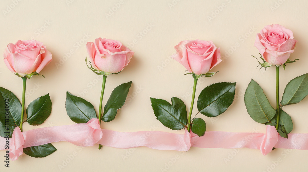Delicate pink roses arranged with green leaves and soft ribbon create charming and romantic display, perfect for celebrations or special occasions Delicate pink roses arranged with green leaves and soft ribbon create charming and romantic display, perfect for celebrations or special occasions