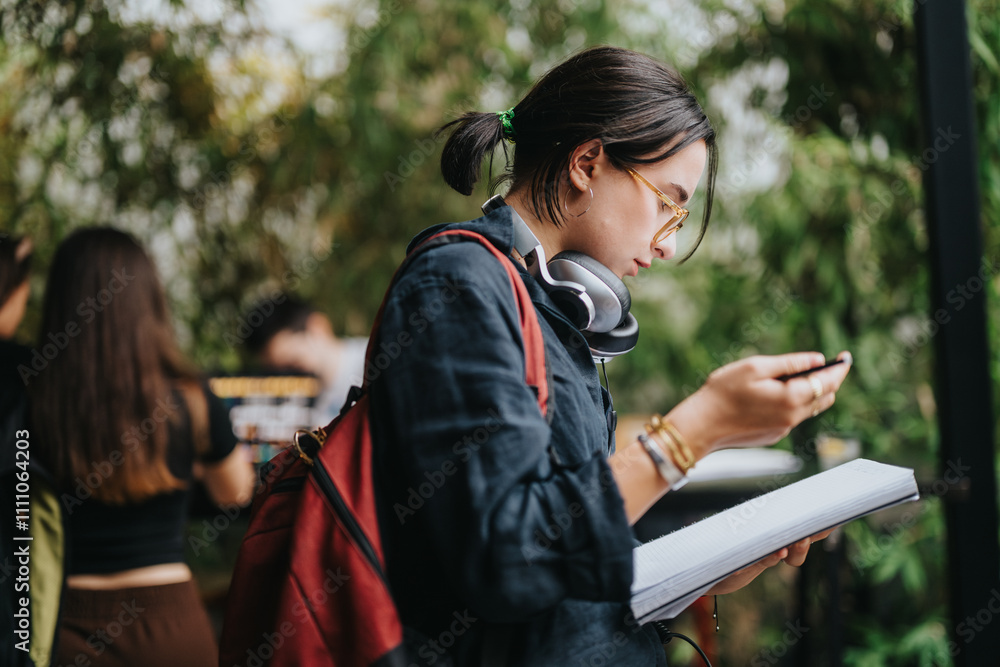 A high school student stands outdoors, engrossed in studying with a notebook and smart phone. Headphones rest around their neck as they concentrate on their academic tasks. A high school student stands outdoors, engrossed in studying with a notebook and smart phone. Headphones rest around their neck as they concentrate on their academic tasks.