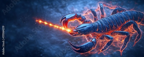 Scorpio scorpion with a stinger made of glowing fire and stars, Scorpio cosmic sting, intense zodiac artistry photo