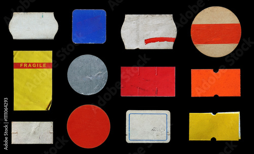 collection of blank old sticker, label, price tag template for mockup. isolated dirty, ripped, half peeled stickers