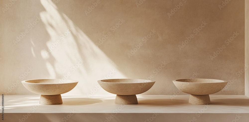 Elegant minimalist ceramic bowls arranged on a neutral-toned shelf with soft natural light illuminating the setting Elegant minimalist ceramic bowls arranged on a neutral-toned shelf with soft natural light illuminating the setting