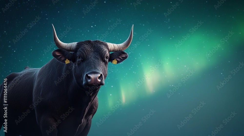 Naklejka premium Taurus bull standing amidst glowing auroras, Taurus aurora scene, serene zodiac connection