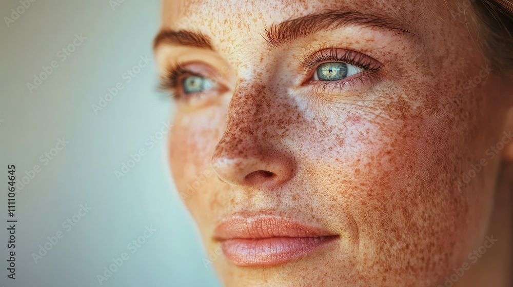 Close-up Portrait of a Young Woman with Freckles and Bright Blue Eyes, Capturing Natural Beauty and Radiant Skin in a Soft, Warm Light Setting Close-up Portrait of a Young Woman with Freckles and Bright Blue Eyes, Capturing Natural Beauty and Radiant Skin in a Soft, Warm Light Setting