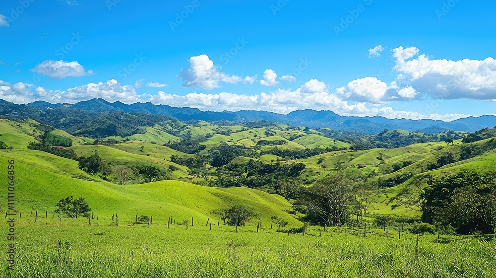 Obraz premium Lush Green Rolling Hills Under a Bright Blue Sky with Fluffy White Clouds and Majestic Mountains in the Background of a Serene Landscape