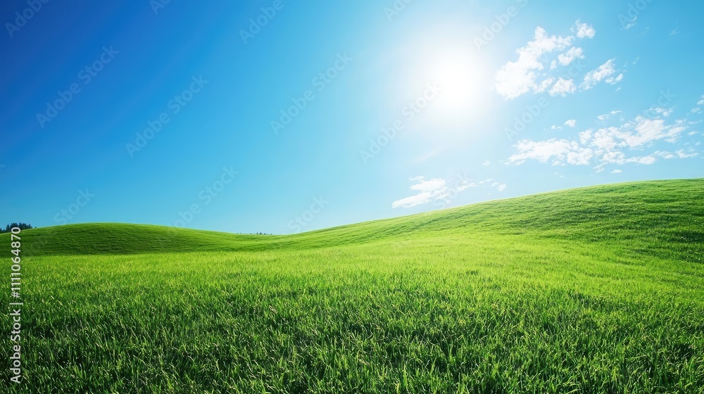 Expansive Green Grass Field Under Clear Blue Sky and Bright Sunlight on a Beautiful Day, Capturing the Essence of Nature's Beauty and Tranquility in Wide Open Space Expansive Green Grass Field Under Clear Blue Sky and Bright Sunlight on a Beautiful Day, Capturing the Essence of Nature's Beauty and Tranquility in Wide Open Space