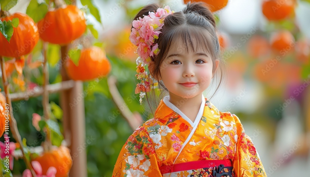 Charming Little Girl Dressed in Vibrant Squash Blossom Costume Surrounded by Orange Accessories in Autumn Setting Charming Little Girl Dressed in Vibrant Squash Blossom Costume Surrounded by Orange Accessories in Autumn Setting