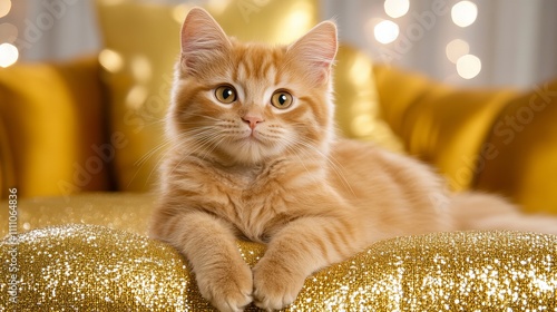 Adorable ginger cat lounging on a sparkling golden couch, showcasing its charming personality. photo