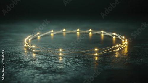 Visual representation of ring topology concept with glowing nodes and cables forming a circle, emphasizing network structure.