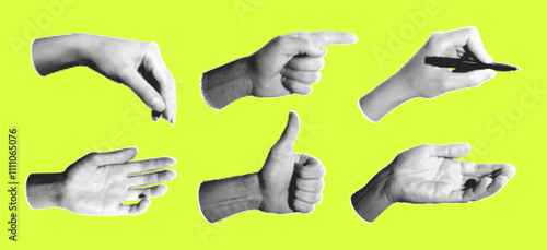 Set of halftone images of hands. Pop art retro style illustration
