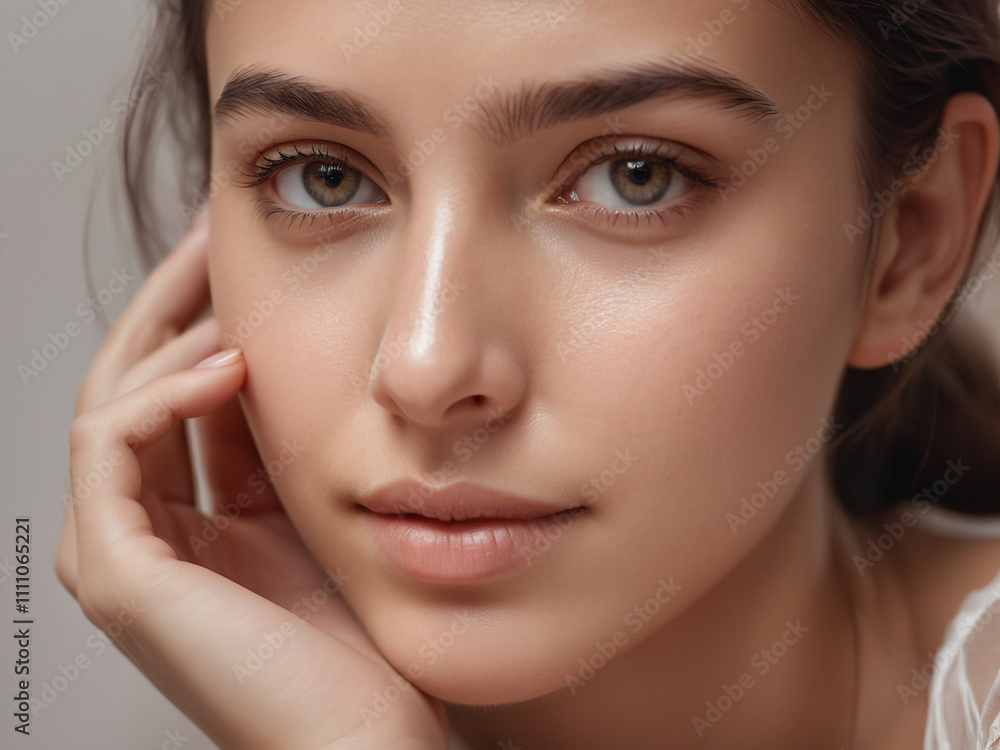 Woman smiling while touching her flawless glowy skin with copy space for your advertisement, skincare Woman smiling while touching her flawless glowy skin with copy space for your advertisement, skincare