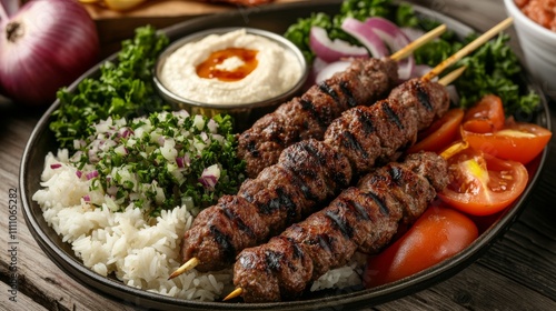 Photo of, A tempting platter of Lebanese kafta, grilled minced meat skewers served with rice