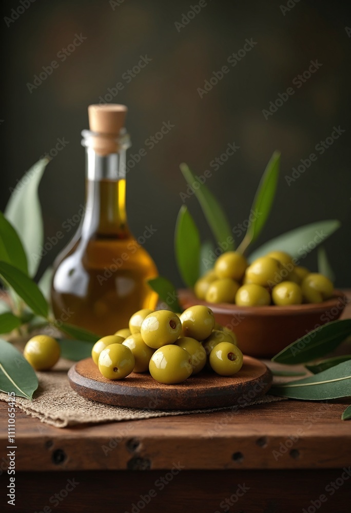 Rustic Still Life of Italian Olive Oil and Fresh Olives on Wooden Table with Vine Leaves Rustic Still Life of Italian Olive Oil and Fresh Olives on Wooden Table with Vine Leaves