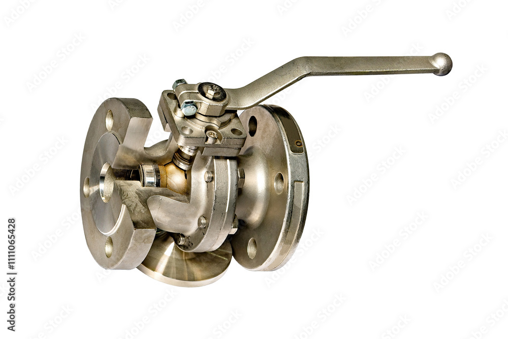 Valve mechanism showcasing precision engineering in metallic design for industrial applications, isolated on white background.