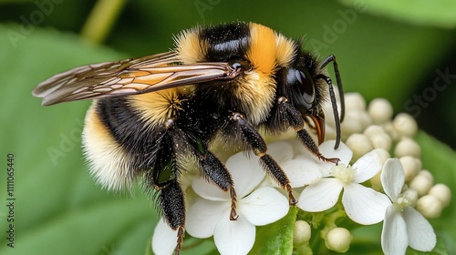 Close-up of a fluffy bumblebee on a cluster of white flowers, detailed view of insect's wings, body hairs, and proboscis. photo