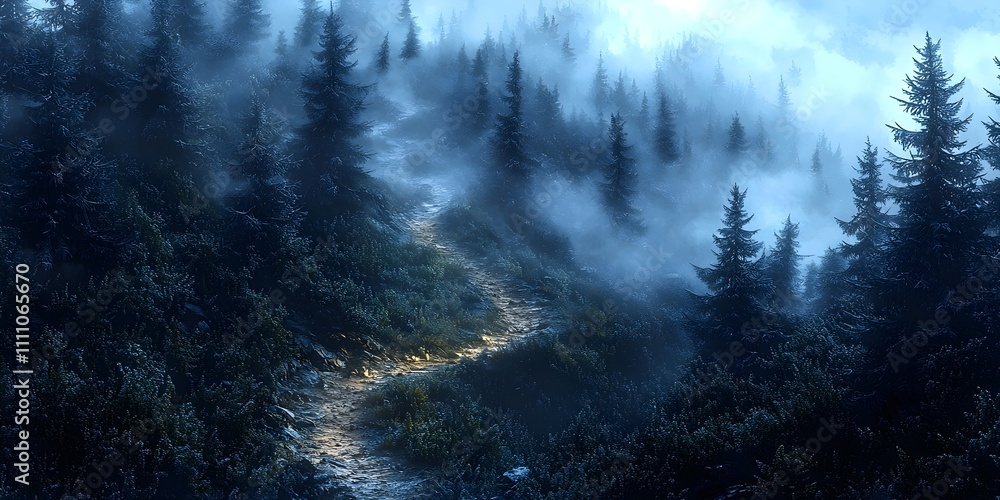 A winding trail leads through a mystical forest shrouded in mist, with dark evergreen trees creating a serene and enchanting atmosphere. A winding trail leads through a mystical forest shrouded in mist, with dark evergreen trees creating a serene and enchanting atmosphere.