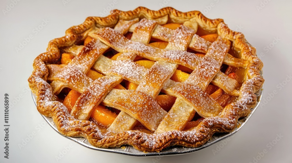 Delicious Peach Pie with Lattice Crust and Powdered Sugar Dusting on a White Background Perfect for Baking and Culinary Themes Delicious Peach Pie with Lattice Crust and Powdered Sugar Dusting on a White Background Perfect for Baking and Culinary Themes
