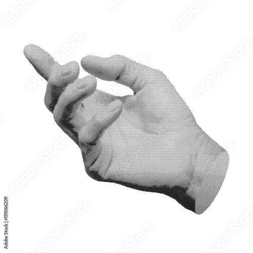 Hand gesture, sign, pointer, index finger indicating, showing isolated on white background. Halftone dotted retro style vector