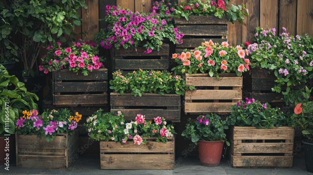 Fototapeta premium Vibrant Display of Colorful Flowers in Wooden Crates Against Wooden Background, Perfect for Gardening, Home Decor, or Nature-Themed Projects