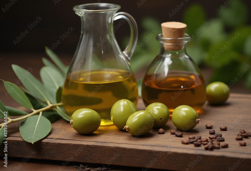 Rustic Still Life of Italian Olive Oil and Fresh Olives on Wooden Table with Vine Leaves Rustic Still Life of Italian Olive Oil and Fresh Olives on Wooden Table with Vine Leaves