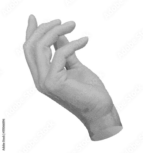 Hand gesture, sign, showing or holding something isolated on white background. Halftone dotted retro style vector