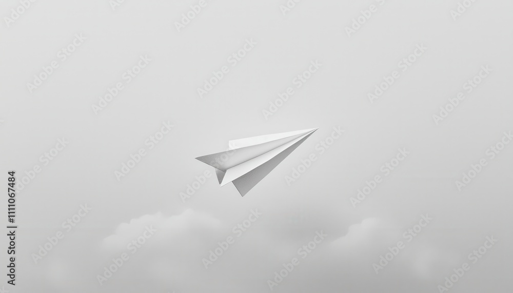 Single Paper Airplane Gliding Gracefully Through a Vast and Serene Sky with Soft Clouds in the Background Single Paper Airplane Gliding Gracefully Through a Vast and Serene Sky with Soft Clouds in the Background