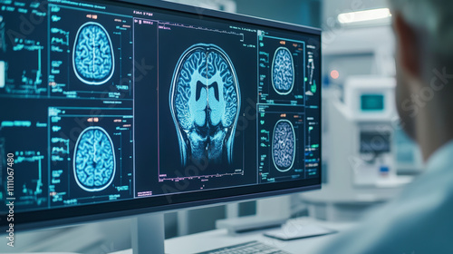 A medical professional examines multiple brain scans on a computer screen, showcasing detailed imaging of neural structures, likely in a clinical or research setting. photo