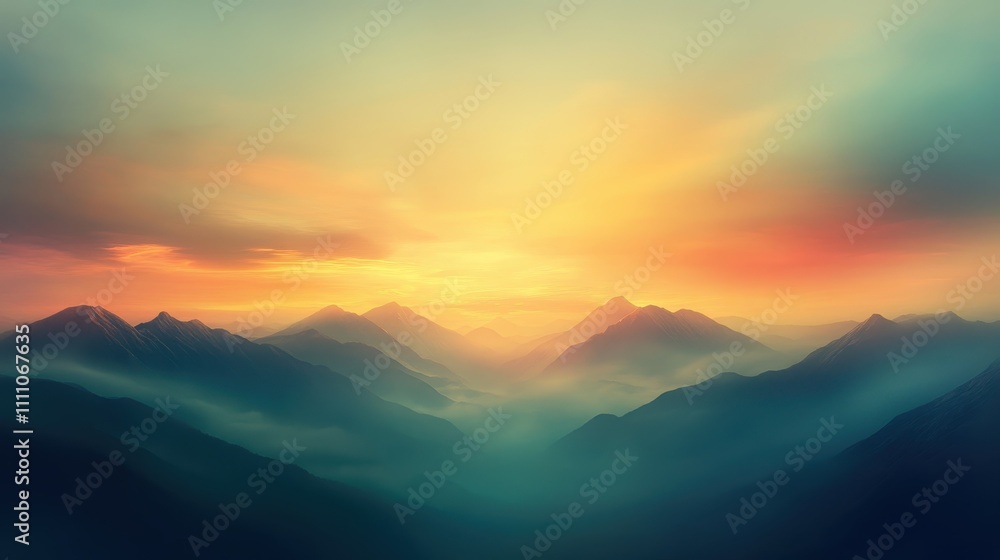 Fototapeta premium A serene landscape featuring misty mountains under a colorful sunrise, creating a tranquil and picturesque atmosphere.
