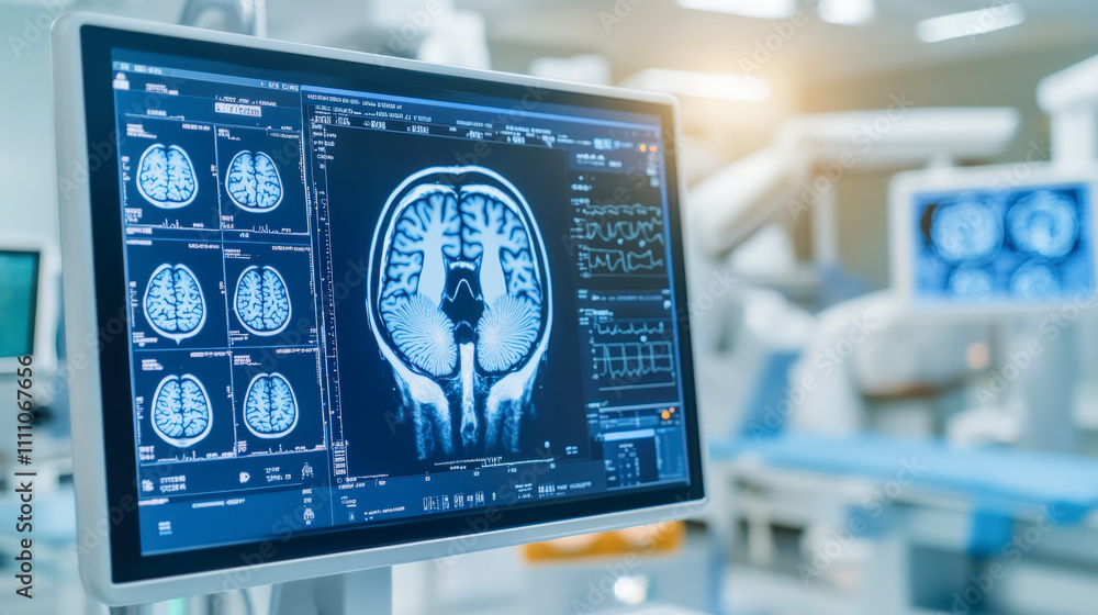 A monitor displays detailed brain MRI images in a modern medical facility, showcasing advanced imaging technology for neurological analysis and diagnosis. A monitor displays detailed brain MRI images in a modern medical facility, showcasing advanced imaging technology for neurological analysis and diagnosis.