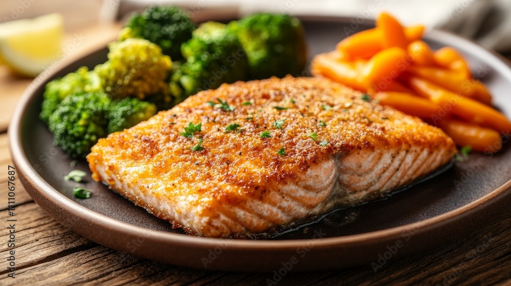A plated meal featuring salmon, broccoli, and carrots, showcasing a healthy food option. A plated meal featuring salmon, broccoli, and carrots, showcasing a healthy food option.