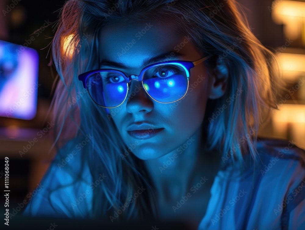 A focused individual wears blue-light glasses, illuminated by soft blue light, enhancing a digital atmosphere in a cozy environment. A focused individual wears blue-light glasses, illuminated by soft blue light, enhancing a digital atmosphere in a cozy environment.