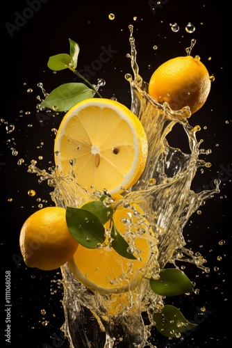 Fresh lemons in water with bright splashes on a dark background, symbolizing energy and freshness