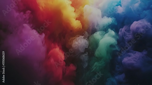 Vibrant rainbow colored smoke clouds swirl in dark background.