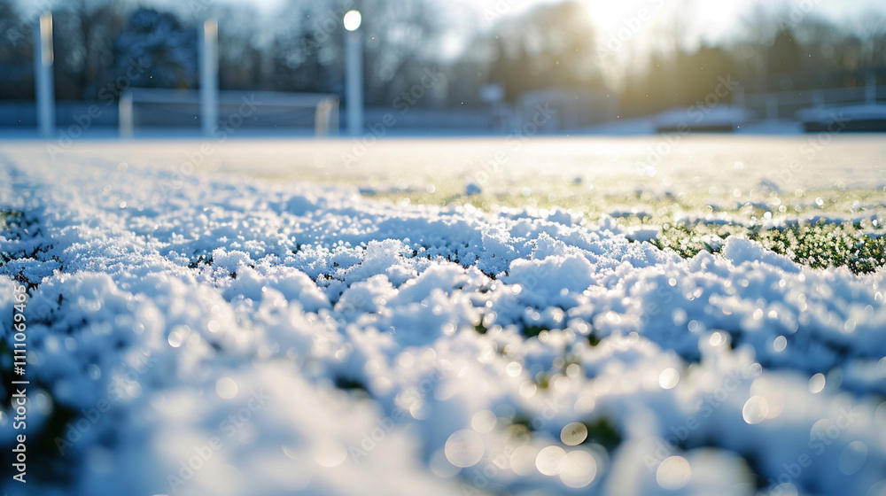 Seasonal change and the versatility of sports in different weather conditions. Snow-covered soccer field with a light dusting of snow on the goal posts and grass Seasonal change and the versatility of sports in different weather conditions. Snow-covered soccer field with a light dusting of snow on the goal posts and grass