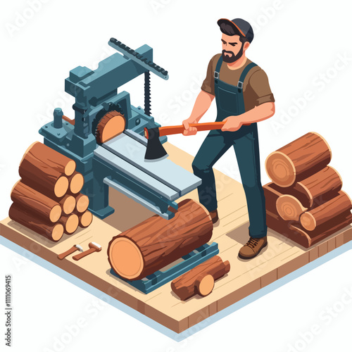 Isometric lumberjack male character holding an axe and wood log. Woodcutter saws tree with chainsaw on sawmill. Firewood processing on a white background