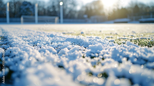 Seasonal change and the versatility of sports in different weather conditions. Snow-covered soccer field with a light dusting of snow on the goal posts and grass