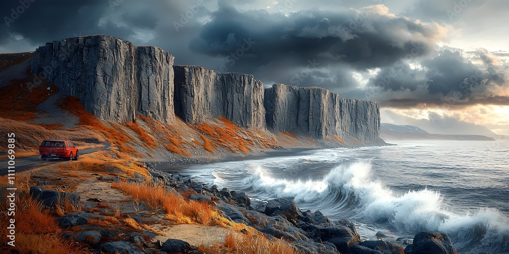 A stunning coastal scene featuring a red vehicle driving along a rugged shoreline, with dramatic cliffs and crashing waves under a cloudy sky, evoking a sense of adventure. A stunning coastal scene featuring a red vehicle driving along a rugged shoreline, with dramatic cliffs and crashing waves under a cloudy sky, evoking a sense of adventure.