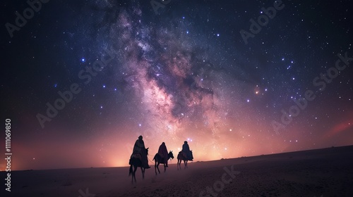 The three wise men journey under a starry sky in the palestinian desert at night photo