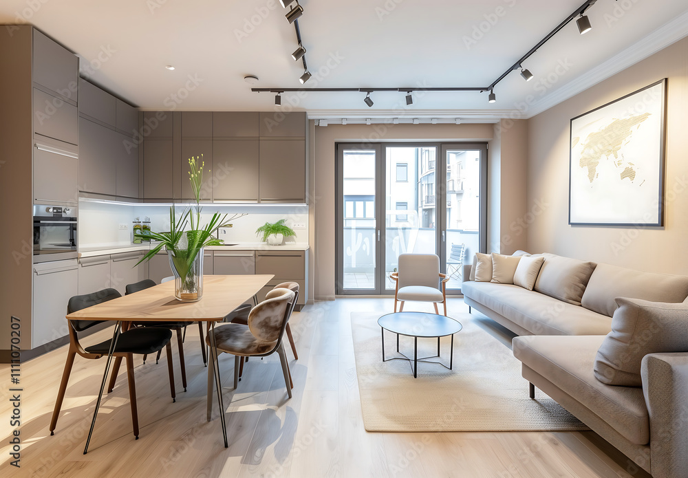 Open-concept living and dining area with a neutral color palette, modern furniture, and a seamless transition between kitchen and relaxation spaces Open-concept living and dining area with a neutral color palette, modern furniture, and a seamless transition between kitchen and relaxation spaces