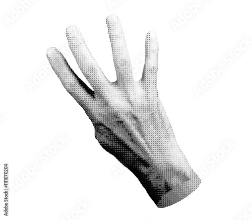 Hand showing four fingers, isolated on white background. Counting or signaling the number 4. Halftone dotted retro style vector