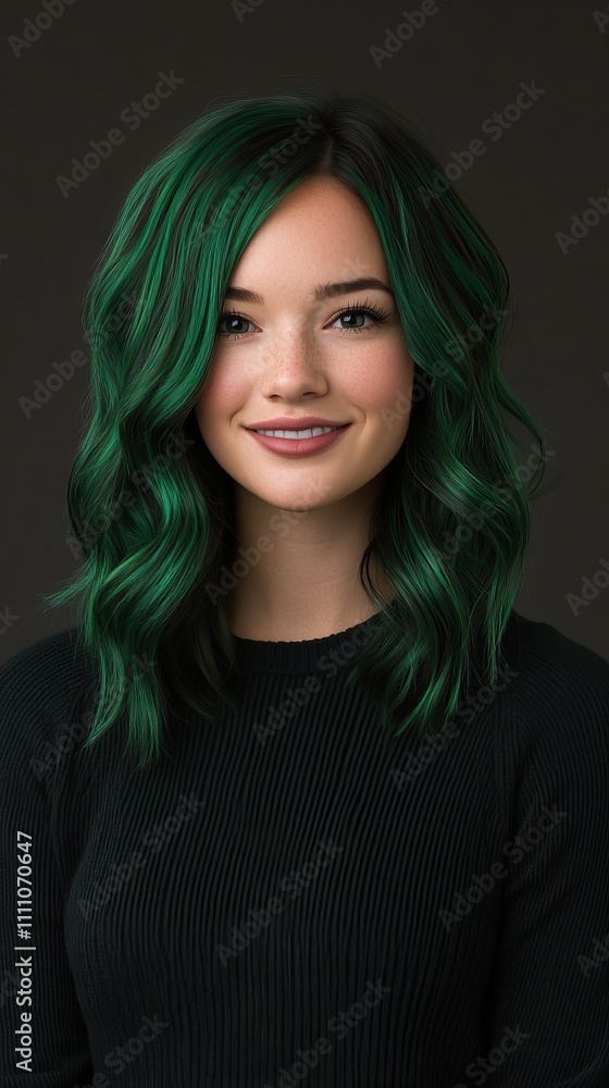 Smiling young woman with striking green hair in a black sweater against a dark background. Smiling young woman with striking green hair in a black sweater against a dark background.